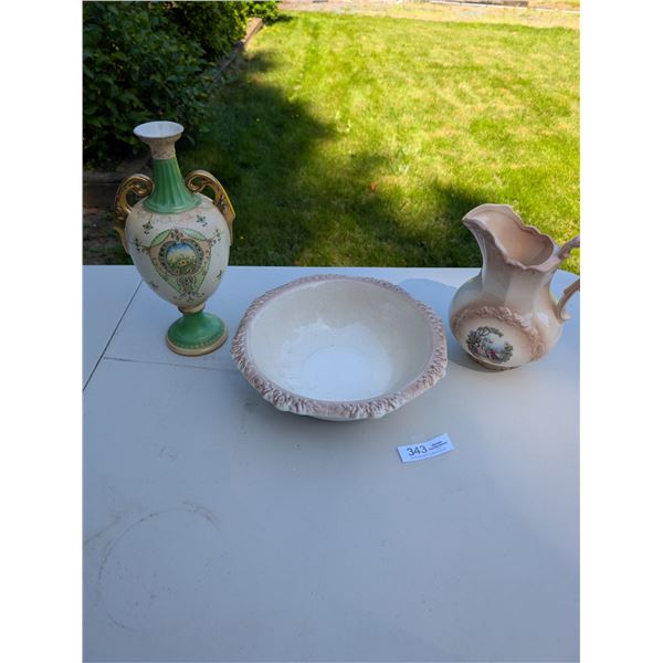 A Vintage Arnel's Pottery Pitcher and Wash Basin Plus a Stoke-on-Trent England Decorative Vase