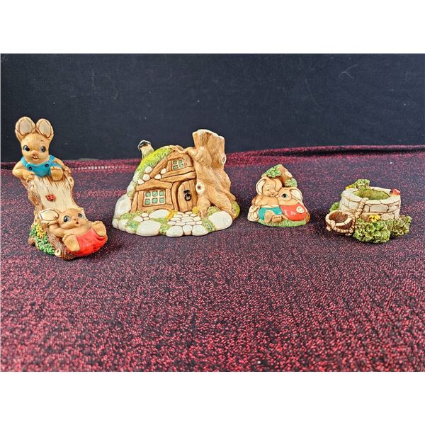 Four Decorative Resin Figurines, Including Mice and Woodland Scenes