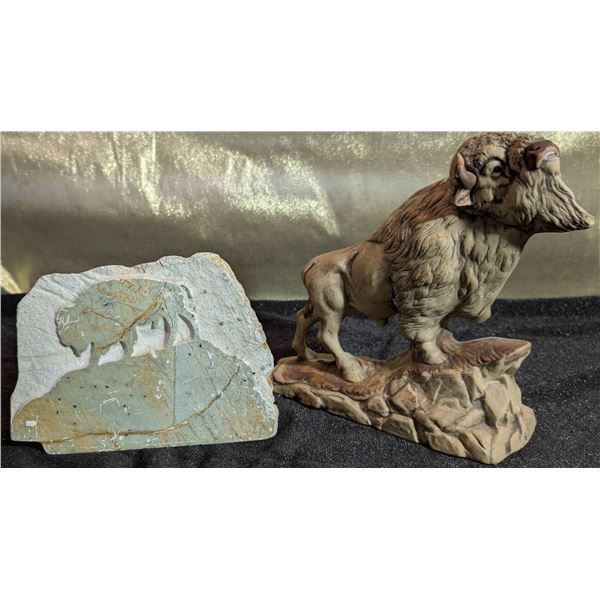 Soapstone Carvings of Standing Buffalo on Cliff and Scenic Etching