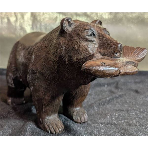 Wooden Bear Sculpture Holding Fish