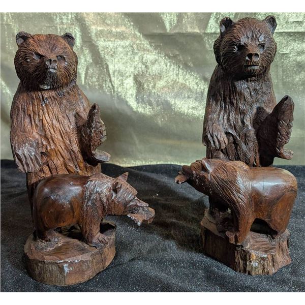Wooden Bear Sculptures With Fish And Cub Details