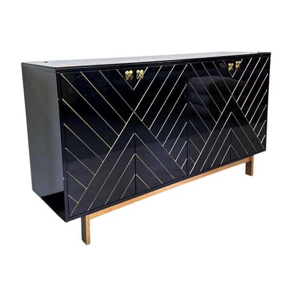 4-Door Sideboard Black Lacquer & Gold Geometric Art Deco Credenza - approx. 55in x 15 1/2in x 31 1/2
