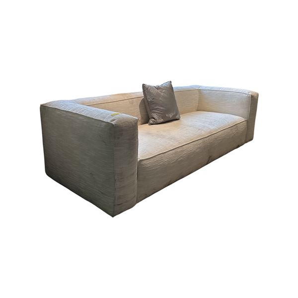 Modern Low Profile Cream Tuxedo Sofa Velvet Textured Fabric Block Frame Couch - approx. 92in x 37in 