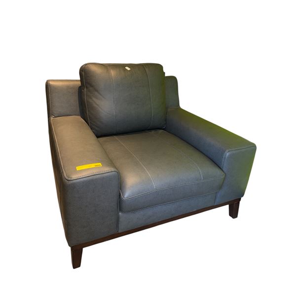 Modern Slate Grey Leather Armchair Wide Track Arm Accent Chair Wood Base Lounge