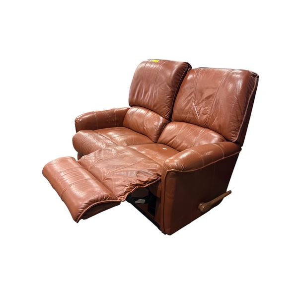Classic Cognac Brown Leather Manual Double Reclining Loveseat