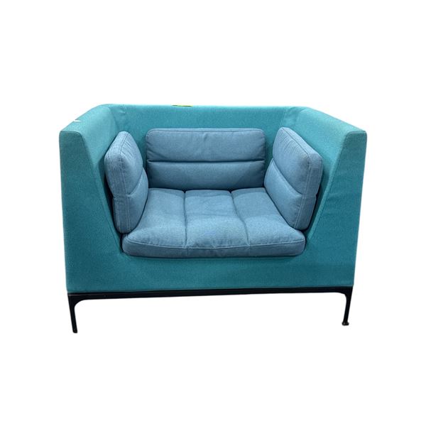 Modern Two-Tone Teal and Blue Armchair with Slim Black Wooden Legs