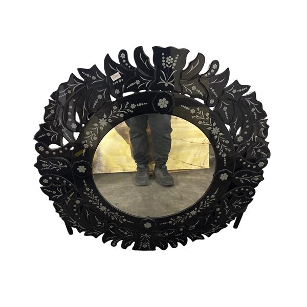 Vintage Black Venetian Style Etched Glass Round Wall Mirror - approx. 38 x 38in