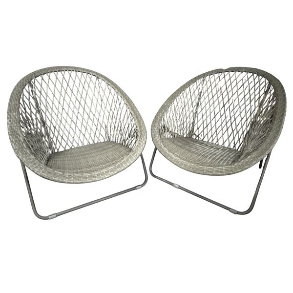 The Living Lab Pair of Grey Faux Rattan Acapulco Style Saucer Chairs