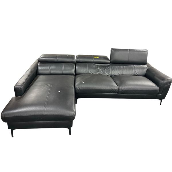 Modern Black Leather L-Shape Sectional Sofa with Adjustable Headrests