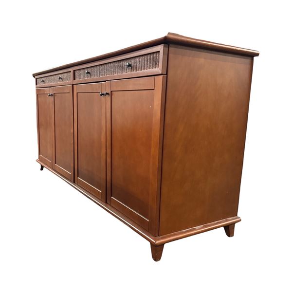 Mid-Century Modern Brown Wood Buffet Sideboard with Woven Accent Drawers - approx. 73 x 20 1/2in D x