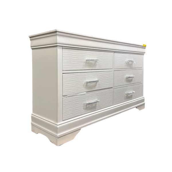 Modern White 6-Drawer Dresser with Textured Wave Fronts & Crystal Pulls - approx. 57 x 15 x 33in H
