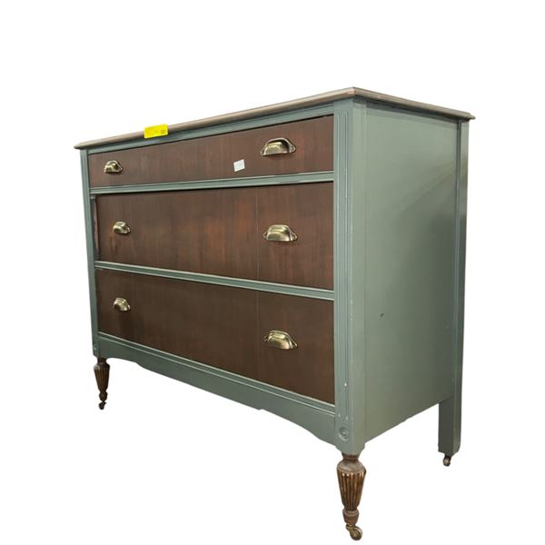 Vintage Sage Green & Wood 3-Drawer Dresser with wheels, Brass Cup Pulls - approx. 42 x 19 x 34 1/2in