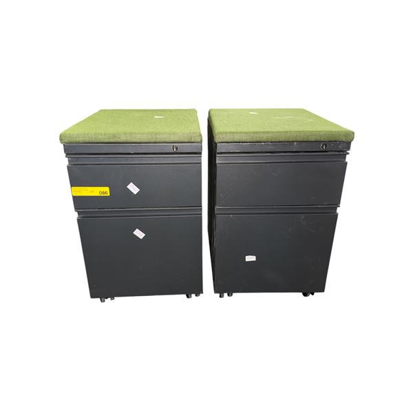 Set of two 2 drawer office rolling cabinet with cushion - approx. 14 x 19 1/2in x 22in H