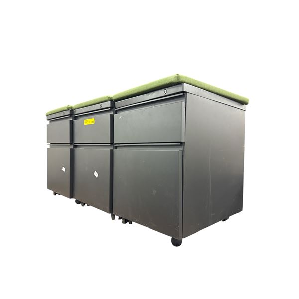 Set of three 2 drawer office rolling cabinet with cushion - approx. 14 x 19 1/2in x 22in H