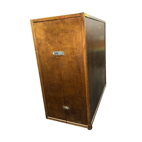 S.D.A. Church Vintage Wood Folding Wardrobe Box Shell Trunk on Wheels - approx . 48 x 24 x 53 1/2in 