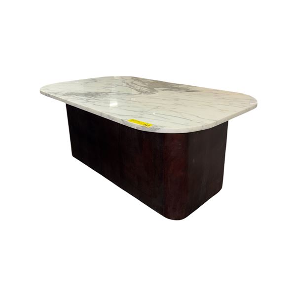 Modern White Marble Top Coffee Table with Rounded Dark Wood Base - approx. 45 x 27 x 18in H