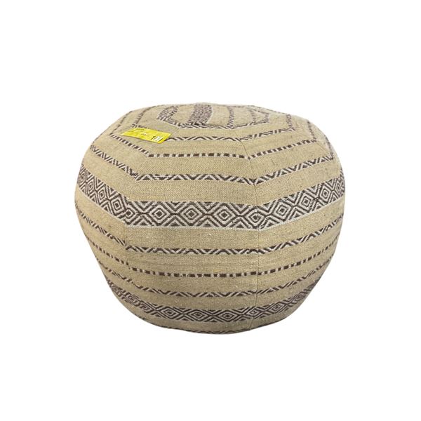 Boho Jute Woven Pouf Ottoman with Geometric Tribal Patterns - approx. 13 H x 19in