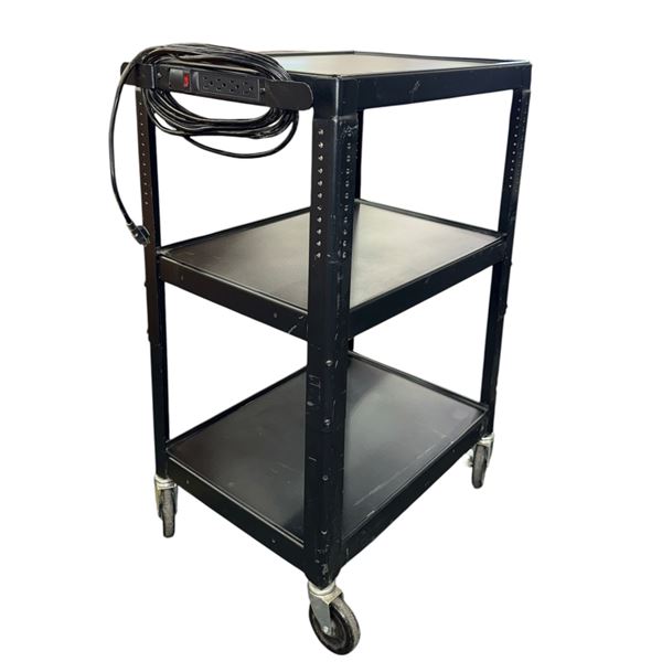 Black Metal 3-Tier Rolling AV Utility Cart with Integrated Power Strip - approx. 25 1/2in x 18in x 3