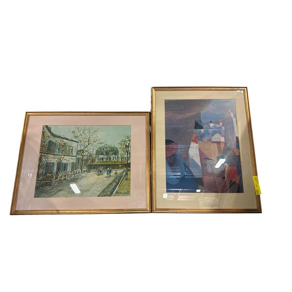 2pc Framed Matted Landscape Art Prints European Town & Abstract Village - approx. 29in x 23in
