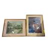 Image 1 : 2pc Framed Matted Landscape Art Prints European Town & Abstract Village - approx. 29in x 23in