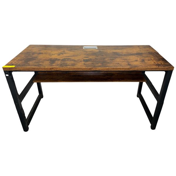 The Living Lab Industrial Rustic Wood Writing Desk with Grommet & Storage Shelf - Black Metal Frame 