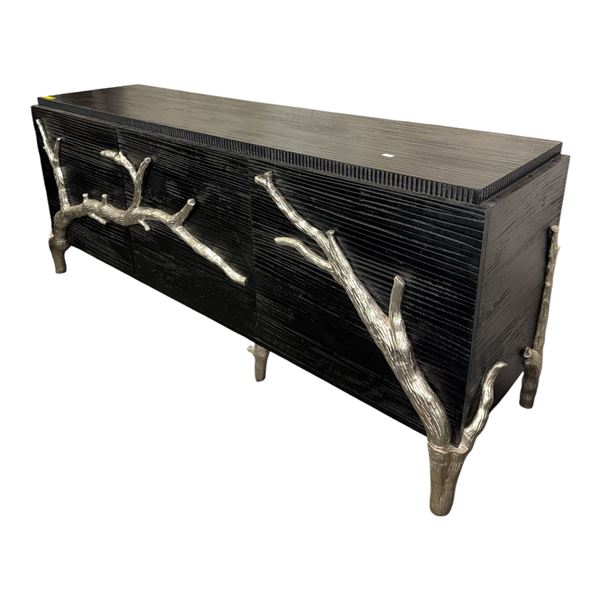 The Living Lab Luxury Black Reeded Credenza with Silver Tree Branch Accents & Legs