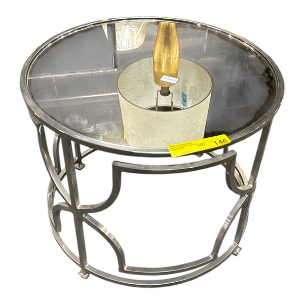 The Living Lab Modern Round Glass Top End Table - Chrome Geometric Trellis Base - approx. 20in D x 1