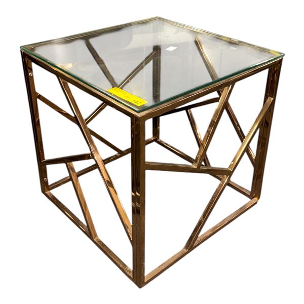 The Living Lab Modern Square Glass End Table - Rose Gold Geometric Base - approx. 20 x 20 x 19 1/2in