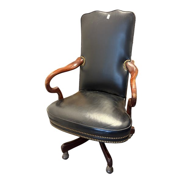 Vintage Brass Studded Leather Swivel Office Chair
