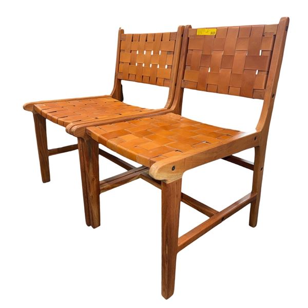 Set of 2 Mid-Century Modern Woven Leather Dining Chairs