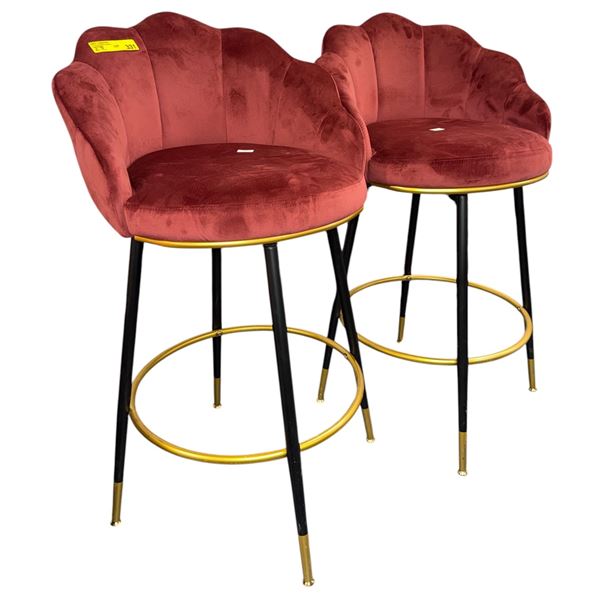Pair of Modern Scalloped Velvet Bar Stools