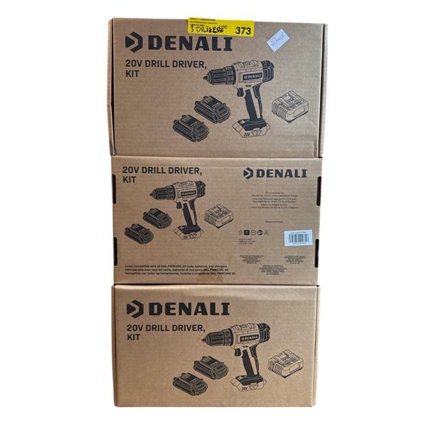BNIB - Set of 3 - Denali 20V Drill Driver Kit - Includes Two 2.0 Ah Lithium Batteries & Charger