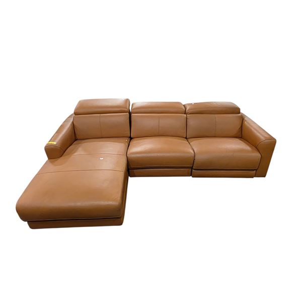 Modern Tan Leather Reclining Sectional Sofa with Chaise