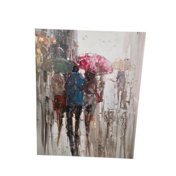 Rainy Day City Walk Canvas Wall Art - Figures with Umbrellas - approx. 40in x 50in