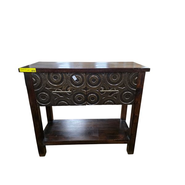 Accent Side Table with Carved Drawer Front and Lower Shelf (34x14x30.5)