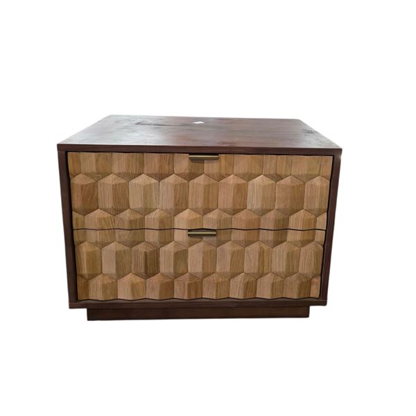 Drawer Nightstand with 3D Geometric Carved Oak Drawer Fronts and Brass Bar Pulls (24x16x16)