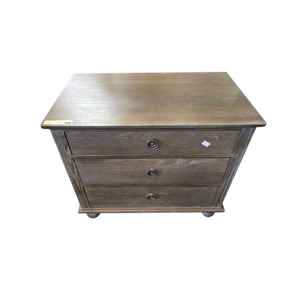 3-Drawer Nightstand with Grey Cerused Finish and Antique Brass Ring Pulls