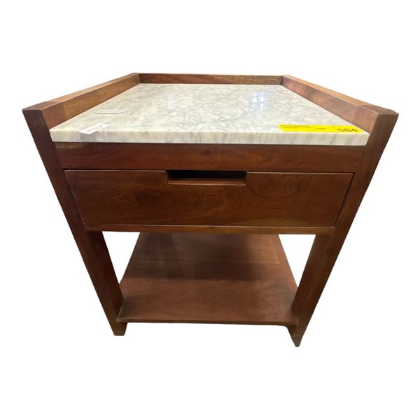 Dark Walnut Hexagonal Side Table with Drawer and Lower Shelf (18x16x22)