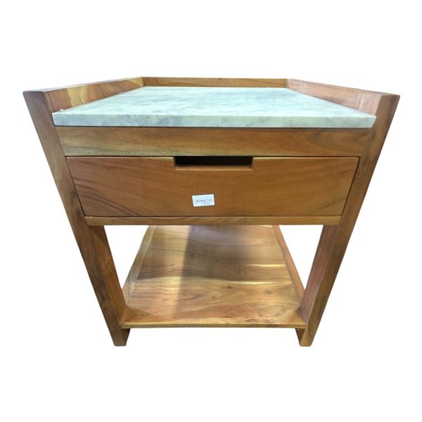 Marble Top Acacia Wood Side Table with Drawer and Lower Shelf (18x16x22)