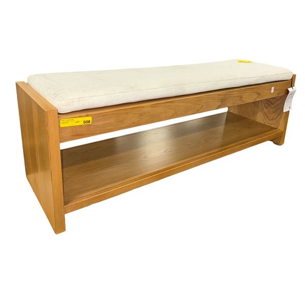 Oak Storage Bench with Cream Upholstered Cushion (56x17.75x19H)