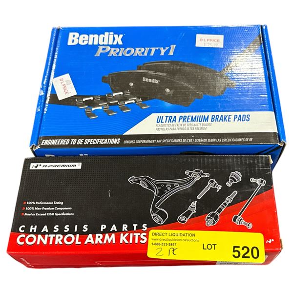 Group of 2 Bendix Brake Pads & Chassis Control Arm Kits in box