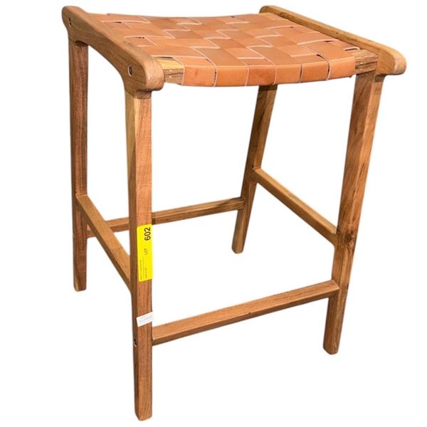 Woven Leather Seat Wooden Bar Stool (26.5 H)