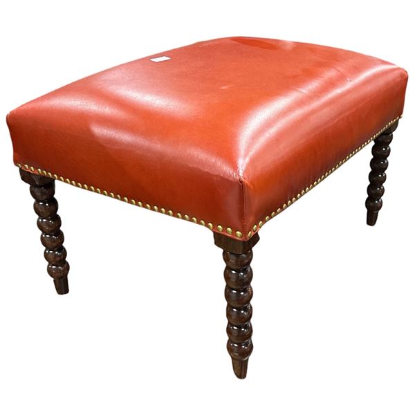Traditional Cognac Leather Footstool with Bobbin-Turned Spindle Legs (25x19x13)