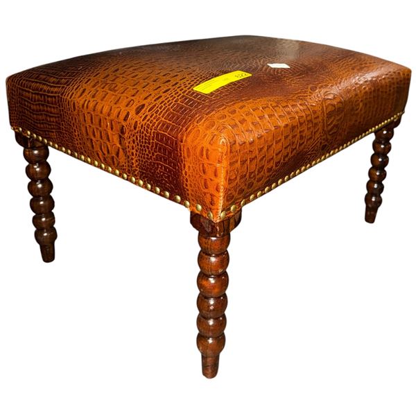 Faux-Alligator Embossed Leather Stool with Bobbin-Turned Legs (24x18x14.5)