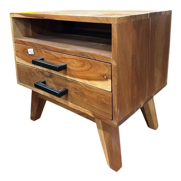 Mid-Century Modern Wood 2-Drawer Nightstand with Open Cubby and Black Handles (19x14x18)