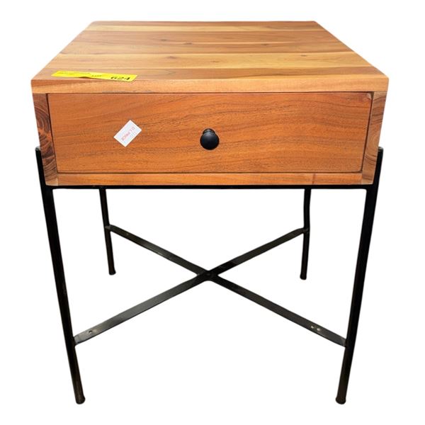 Modern Industrial Wood 1-Drawer Nightstand / Accent Table with Black X-Frame Metal Legs (16.5x16x22)