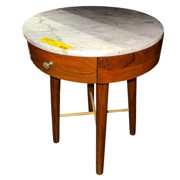 Mid-Century Modern Round Walnut Nightstand / Accent Table with Marble Top and Drawer (18 DIA x 23)