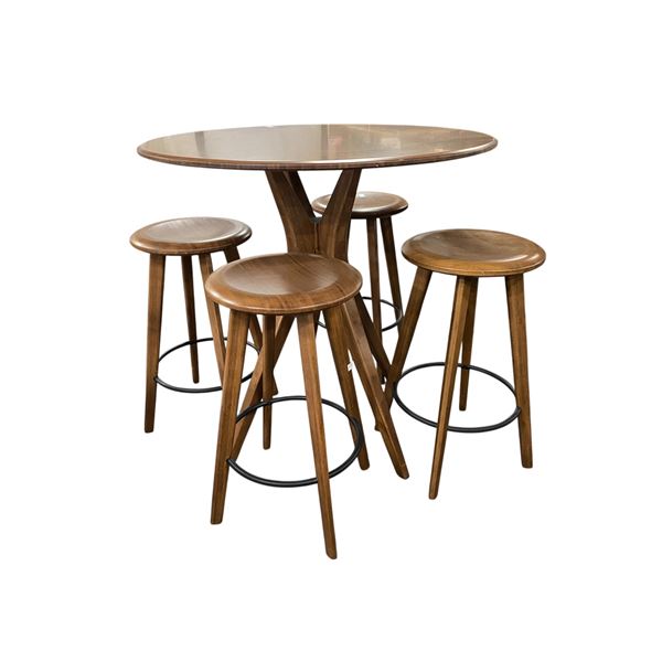 Mid-Century Modern Round Wood Bar Table and Stool Set (Includes 4 Stools) (36x DIA x 37)