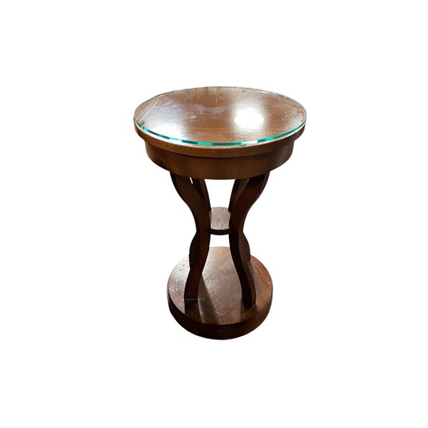Brown Round Wooden Side Table with Glass Top, H24" x Dia. 15"