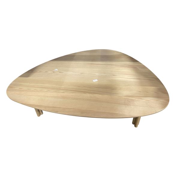 Light Brown Triangular Rounded Wooden Table, Approx. H13" x 42" x 32"